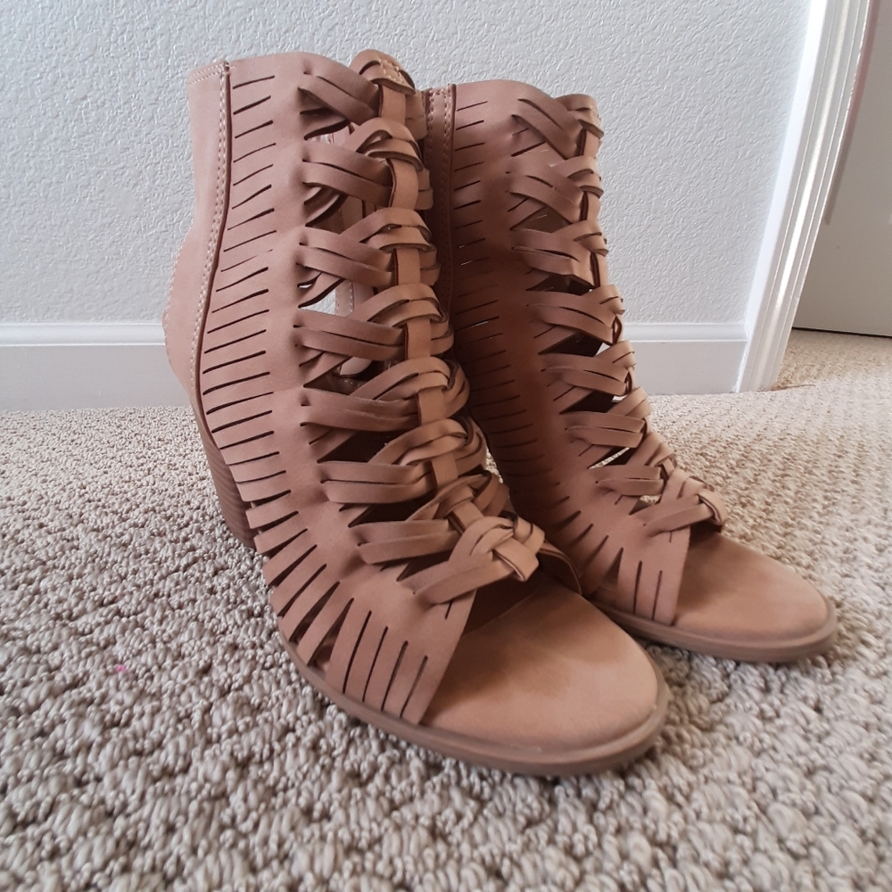 DV dolce Vita caged gladiator open heel bootie, open toe, woven, braided, boho